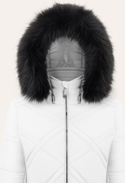 Poivre Blanc 1003 Ski Jacket in White with Belt and Faux Fur Trim