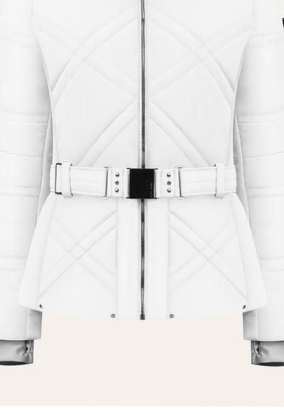 Poivre Blanc 1003 Ski Jacket in White with Belt and Faux Fur Trim