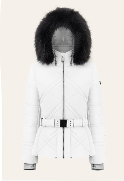 Poivre Blanc 1003 Ski Jacket in White with Belt and Faux Fur Trim