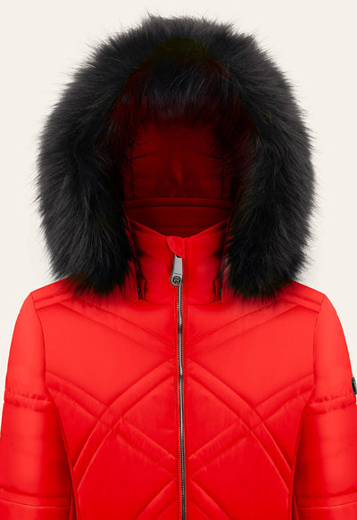 Poivre Blanc 1003 Ski Jacket in Red with Belt and Faux Fur Trim