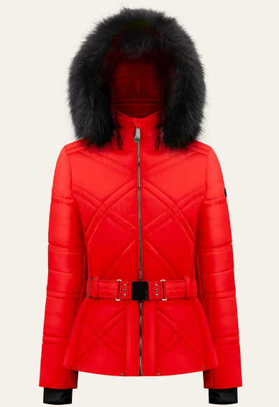 Poivre Blanc 1003 Ski Jacket in Red with Belt and Faux Fur Trim