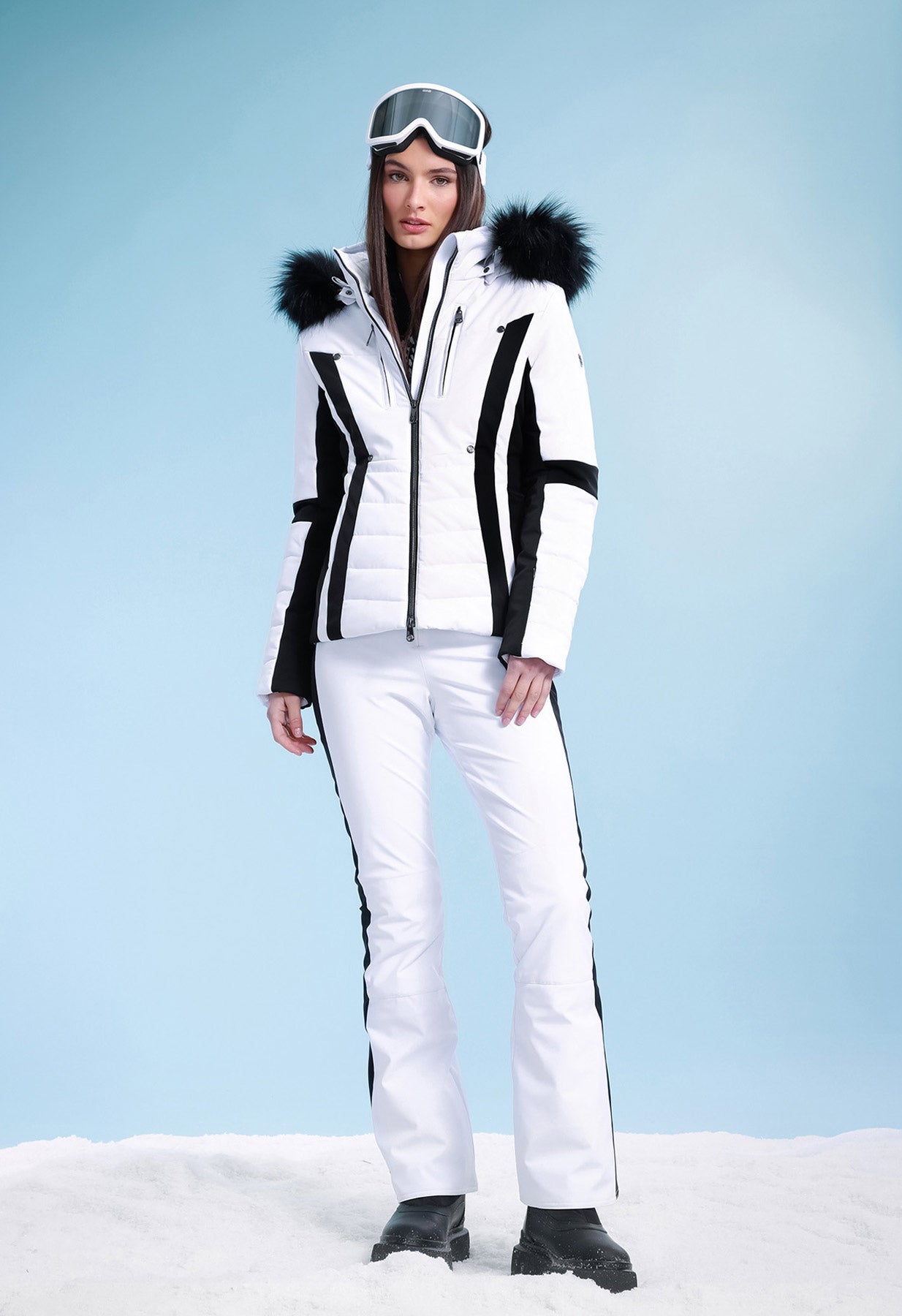 Poivre Blanc White and Black Stretch Ski Jacket with Hood and Belt