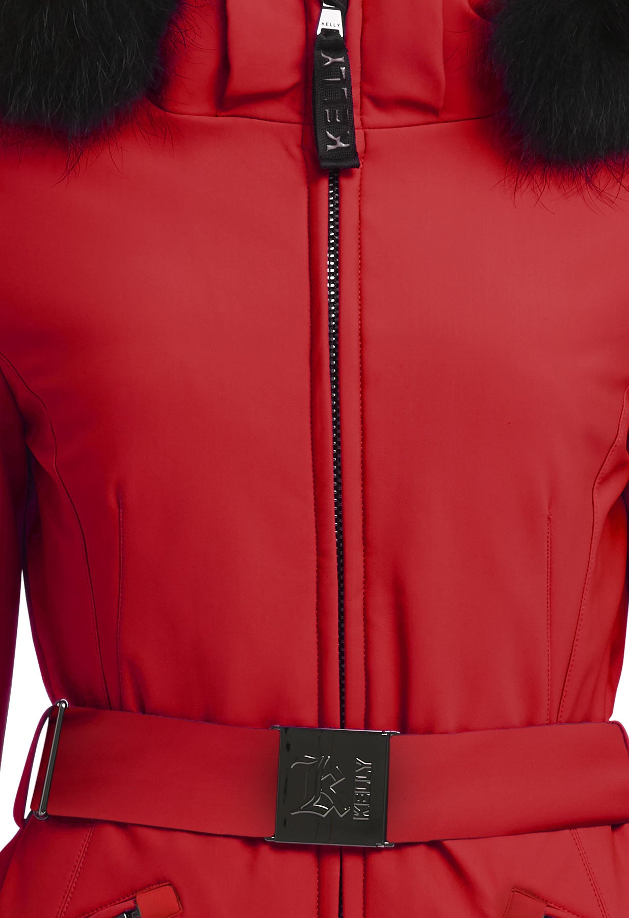 Kelly by Sissy Bailey Red Ski Jacket with Fur Trimmed Hood and Belt