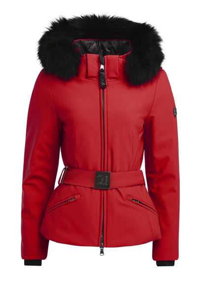 Kelly by Sissy Bailey Red Ski Jacket with Fur Trimmed Hood and Belt