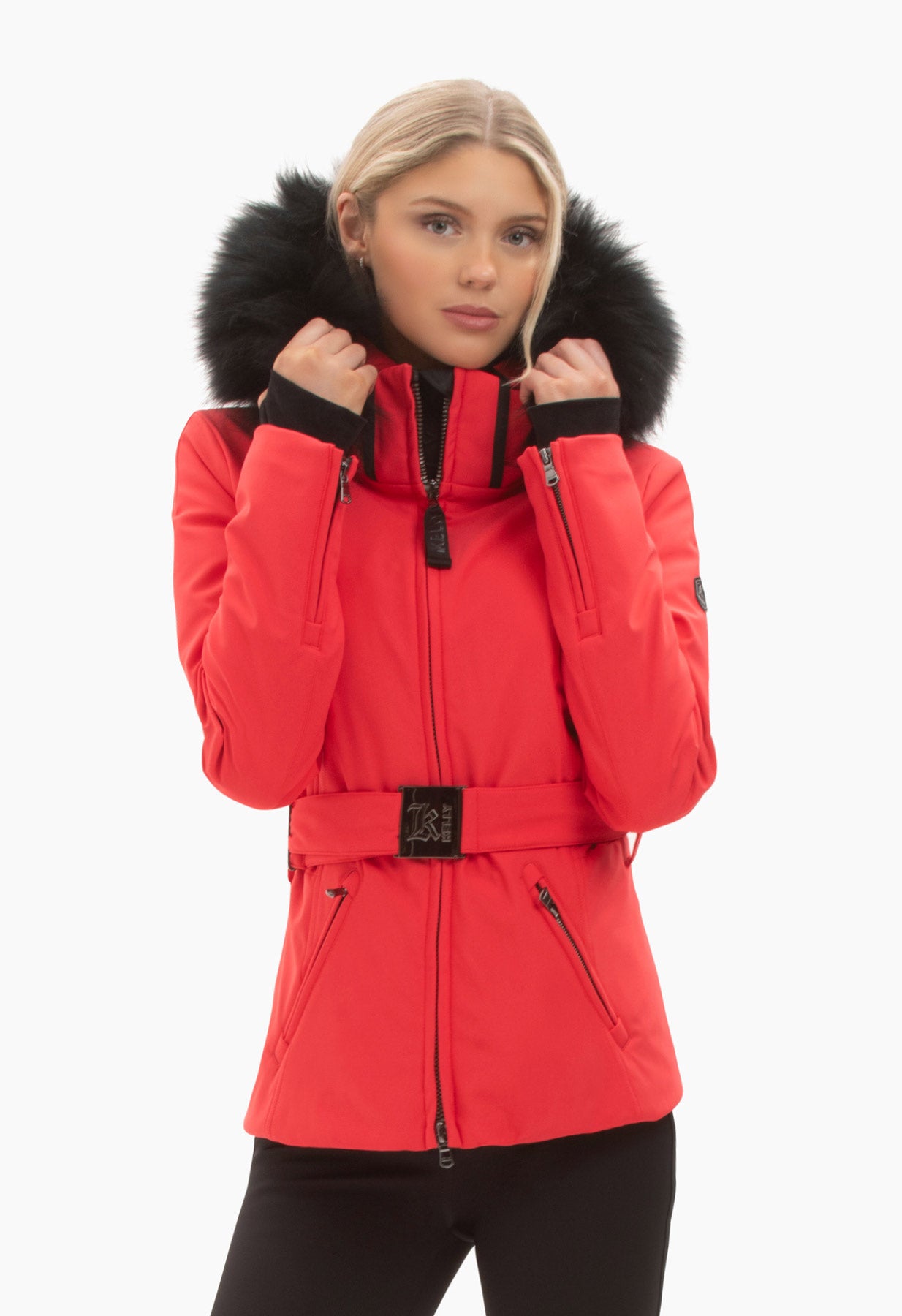 Kelly by Sissy Bailey Red Ski Jacket with Fur Trimmed Hood and Belt