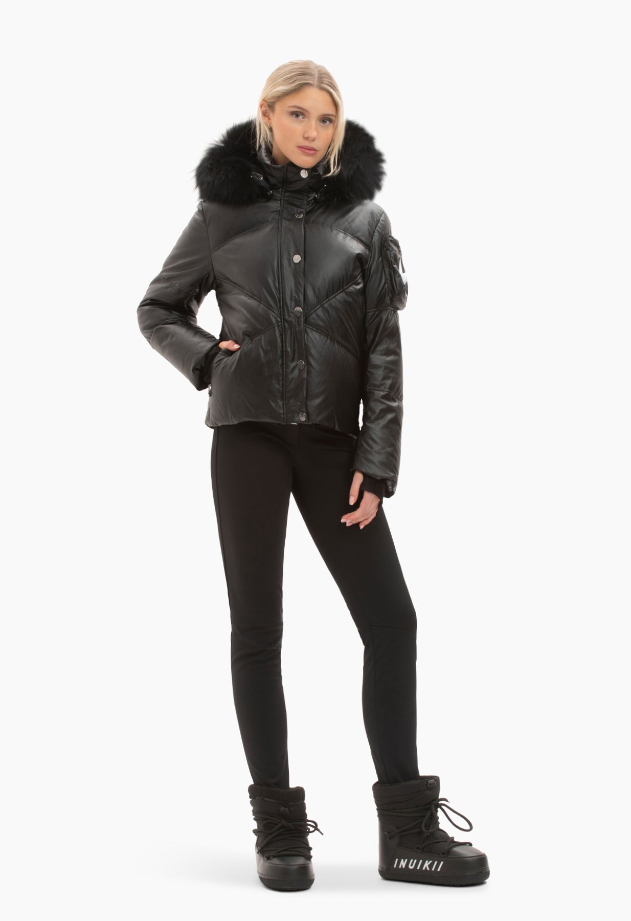 High Society Dakota Black Downfilled Faux Leather Ski Jacket with Fur Hood