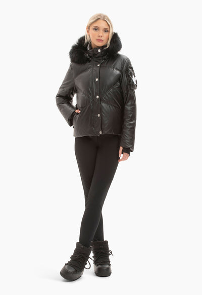 High Society Dakota Black Downfilled Faux Leather Ski Jacket with Fur Hood