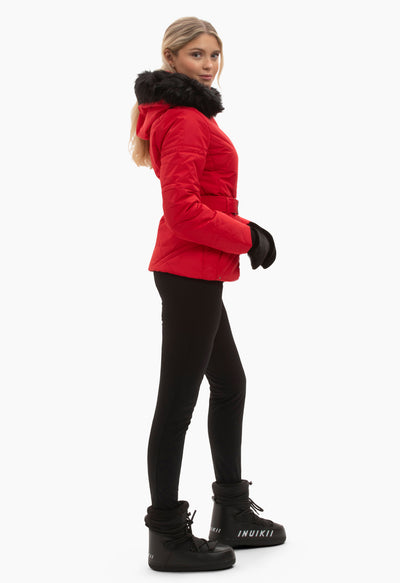 Poivre Blanc 1003 Ski Jacket in Red with Belt and Faux Fur Trim