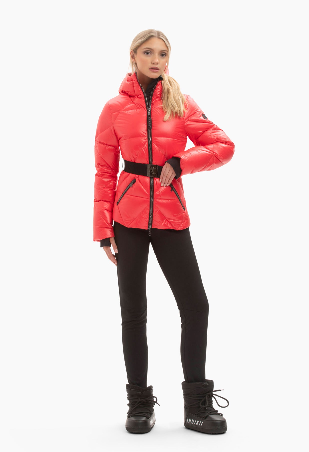 Kelly by Sissy Eden Red Downfilled Ski Jacket with Belt and Hood