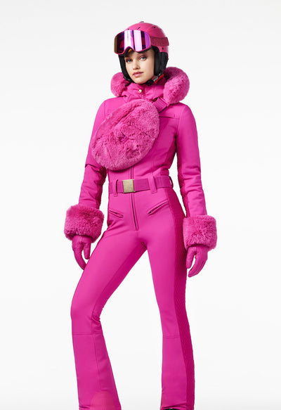 Goldbergh Angele One Piece Ski Suit in Pink with Faux Fur Hood and Cuffs