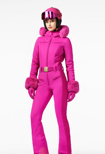 Goldbergh Angele One Piece Ski Suit in Pink with Faux Fur Hood and Cuffs