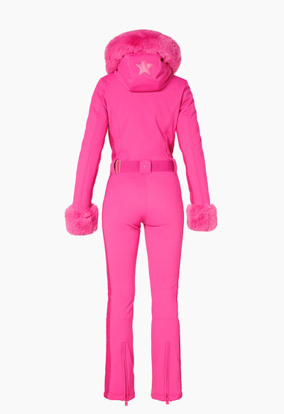 Goldbergh Angele One Piece Ski Suit in Pink with Faux Fur Hood and Cuffs