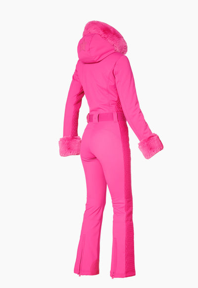 Goldbergh Angele One Piece Ski Suit in Pink with Faux Fur Hood and Cuffs