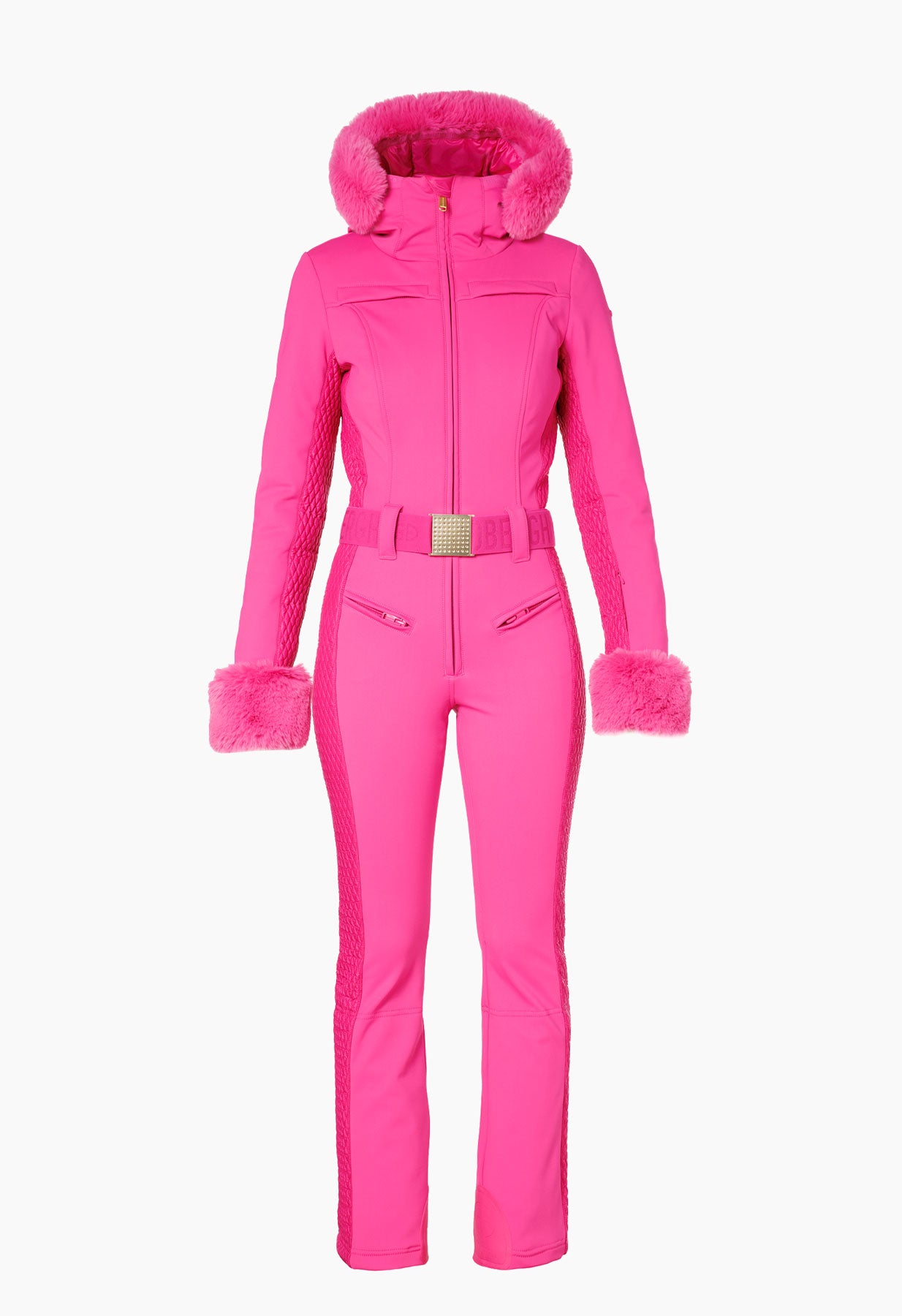 Goldbergh Angele One Piece Ski Suit in Pink with Faux Fur Hood and Cuffs