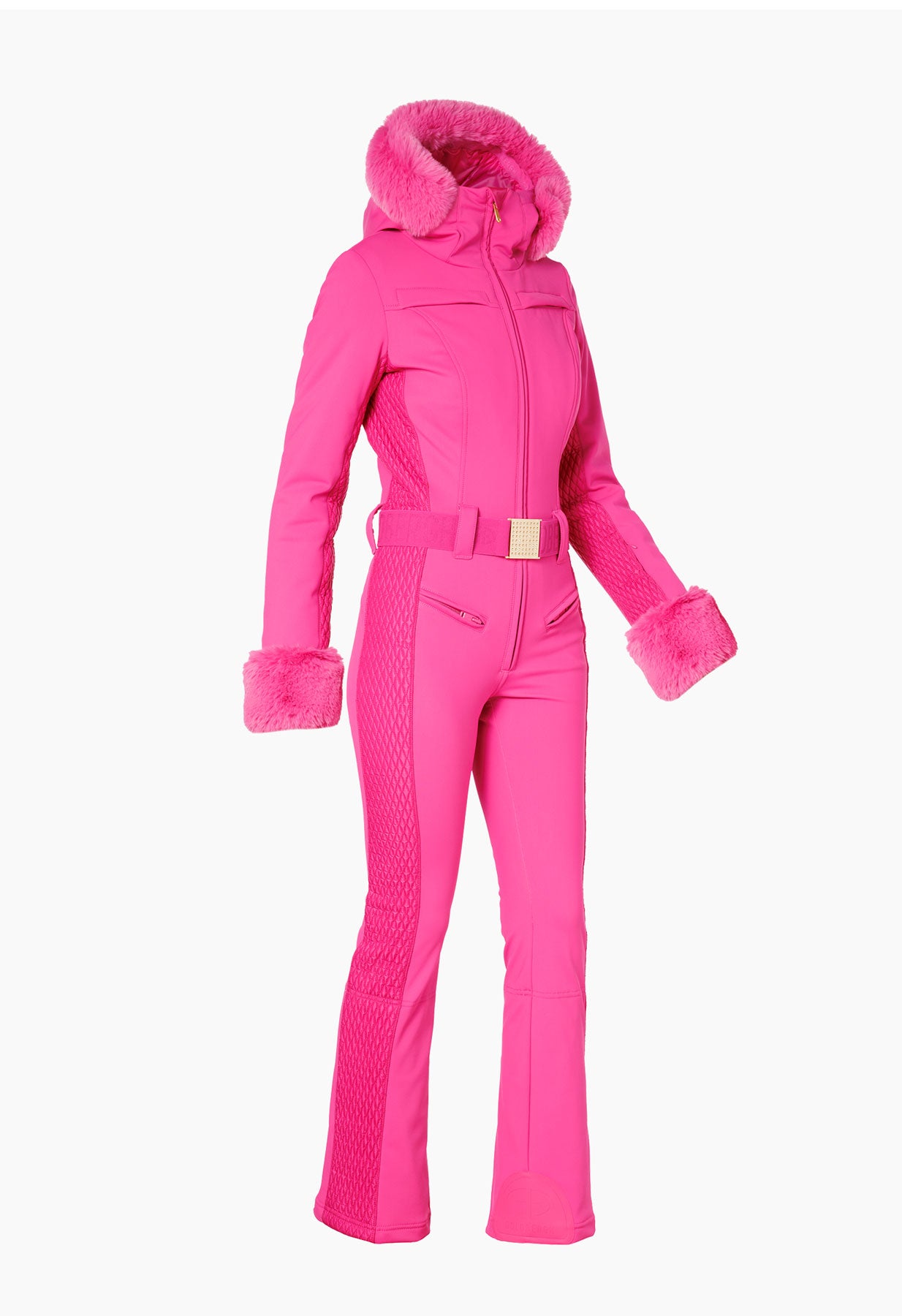 Goldbergh Angele One Piece Ski Suit in Pink with Faux Fur Hood and Cuffs