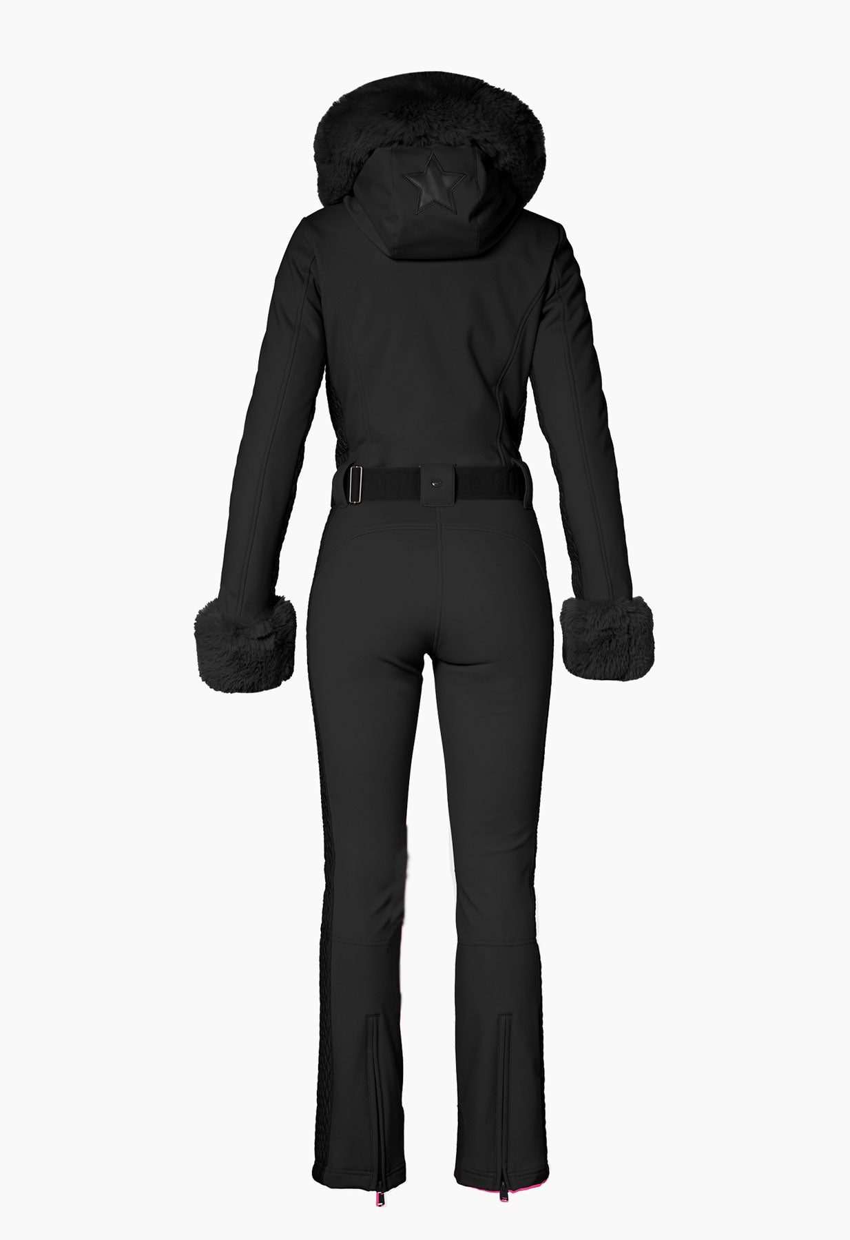 Goldbergh Angele One Piece Ski Suit in Black with Faux Fur Hood and Cuffs