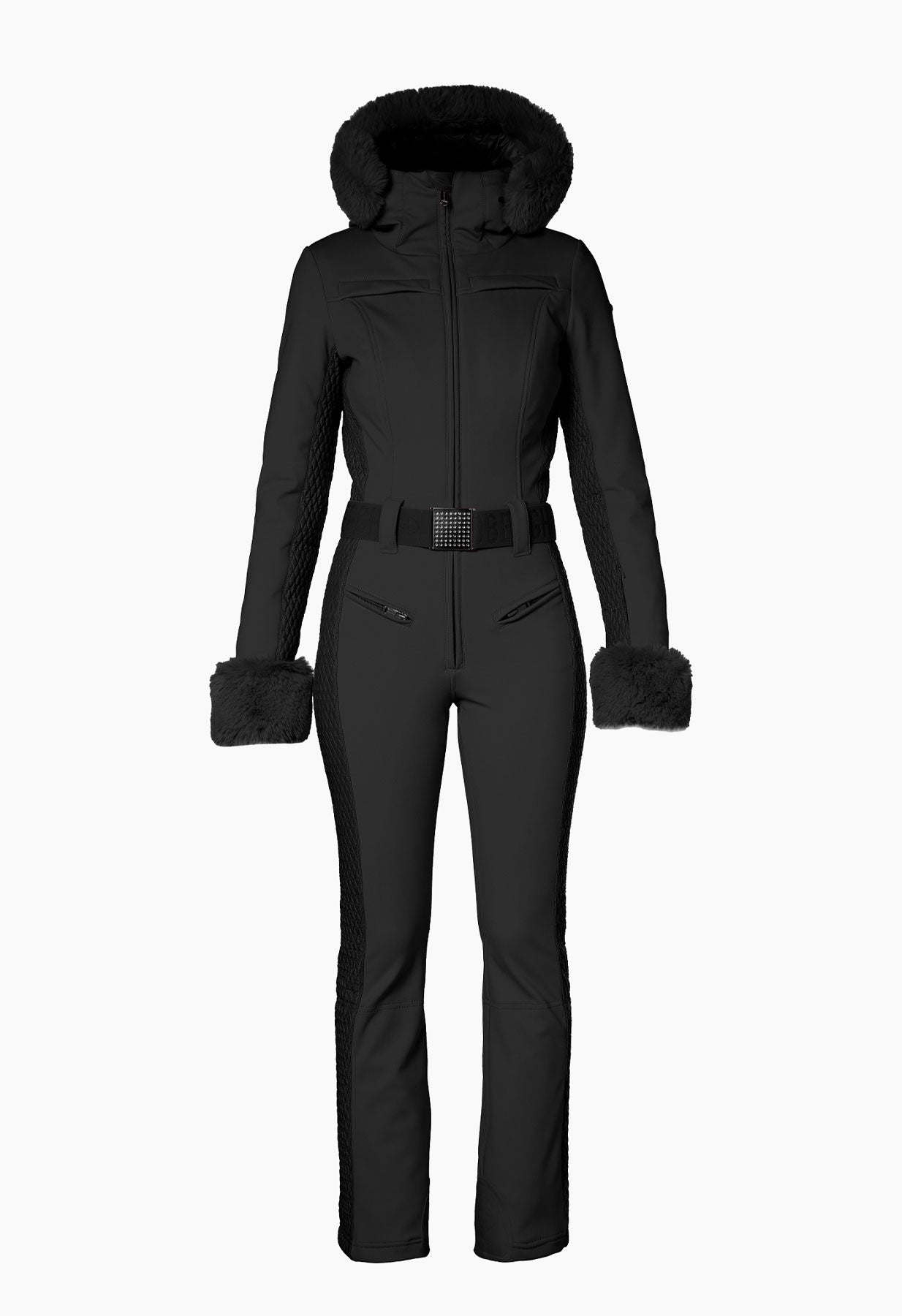 Goldbergh Angele One Piece Ski Suit in Black with Faux Fur Hood and Cuffs