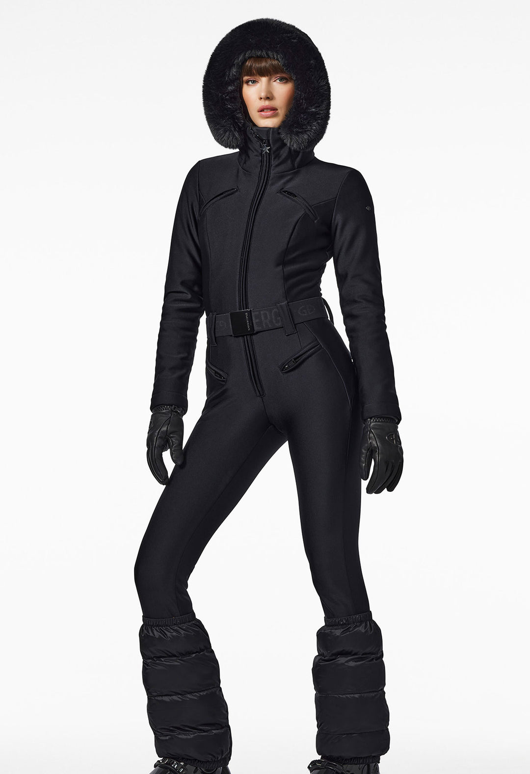 Goldbergh All in one Stirrup Ski Suit in Black with Faux Fur Hood Winternational