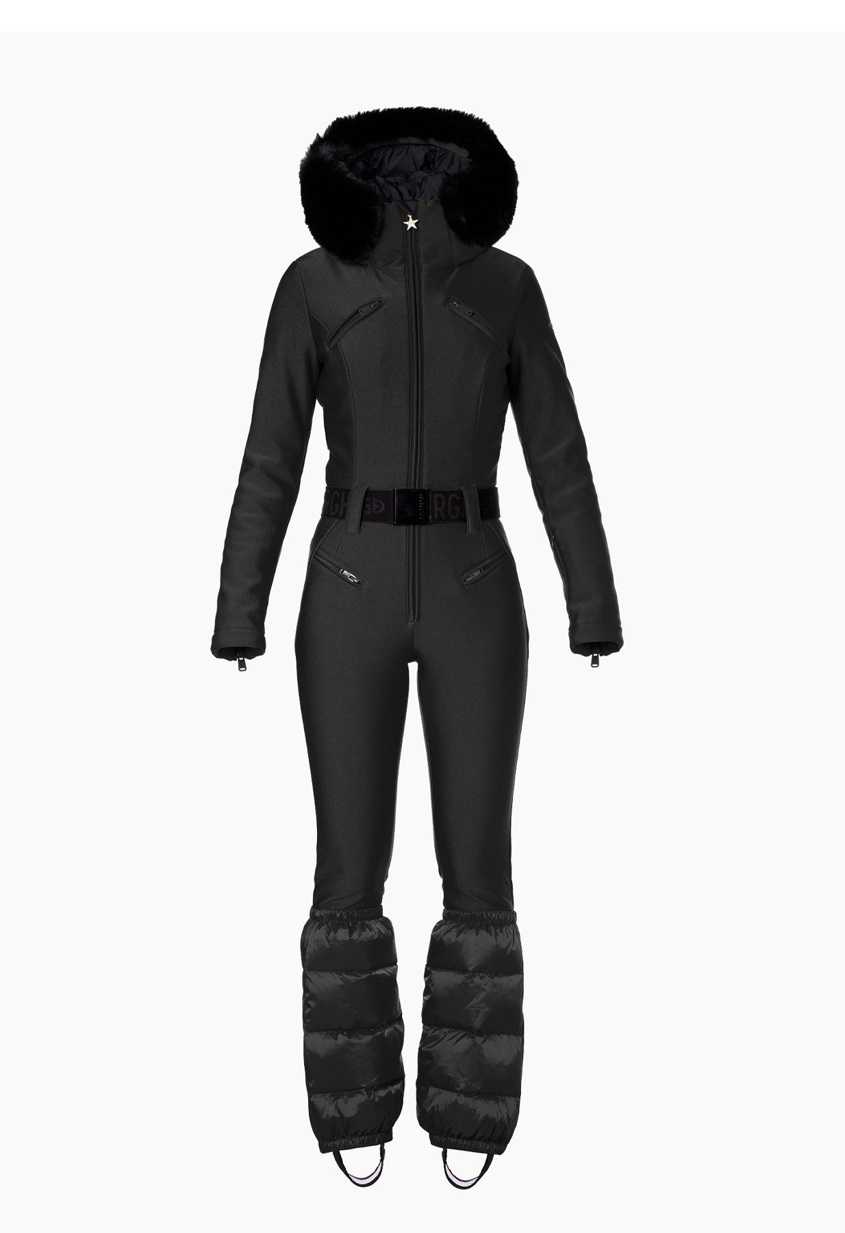 Goldbergh Glisser One Piece Ski Suit in Black with Faux Fur Hood