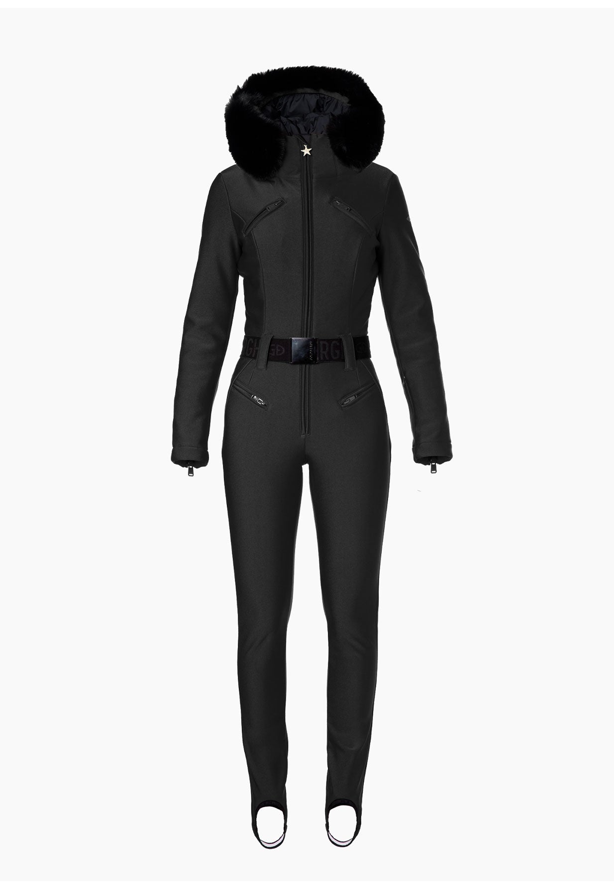 Goldbergh Glisser One Piece Ski Suit in Black with Faux Fur Hood