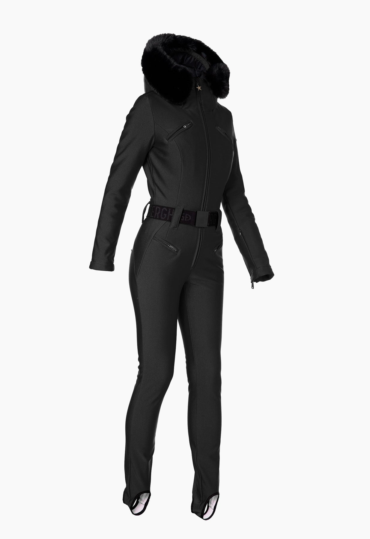 Goldbergh Glisser One Piece Ski Suit in Black with Faux Fur Hood