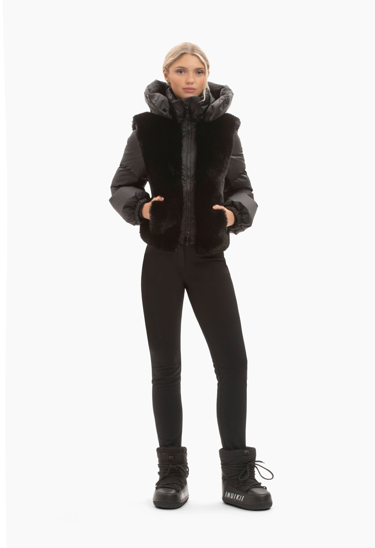 Goldbergh La Reine Down and Faux Fur Ski Jacket in Black