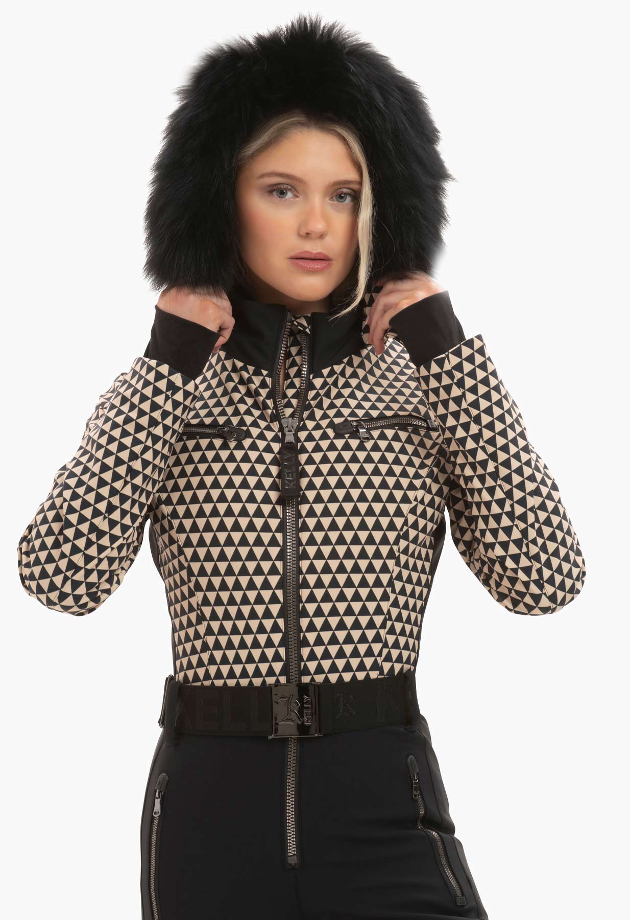 Kelly by Sissy Mayfair Softshell One Piece Ski Suit in Black and Beige with Fur