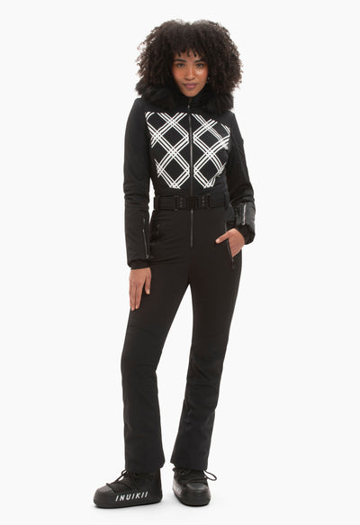 Poivre Blanc Ski Suit in Black and White with Faux Fur 0831