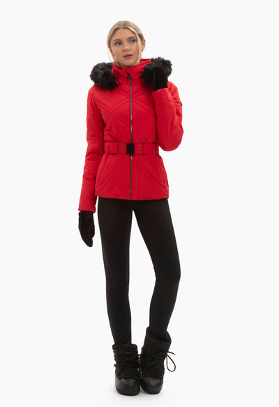 Poivre Blanc 1003 Ski Jacket in Red with Belt and Faux Fur Trim