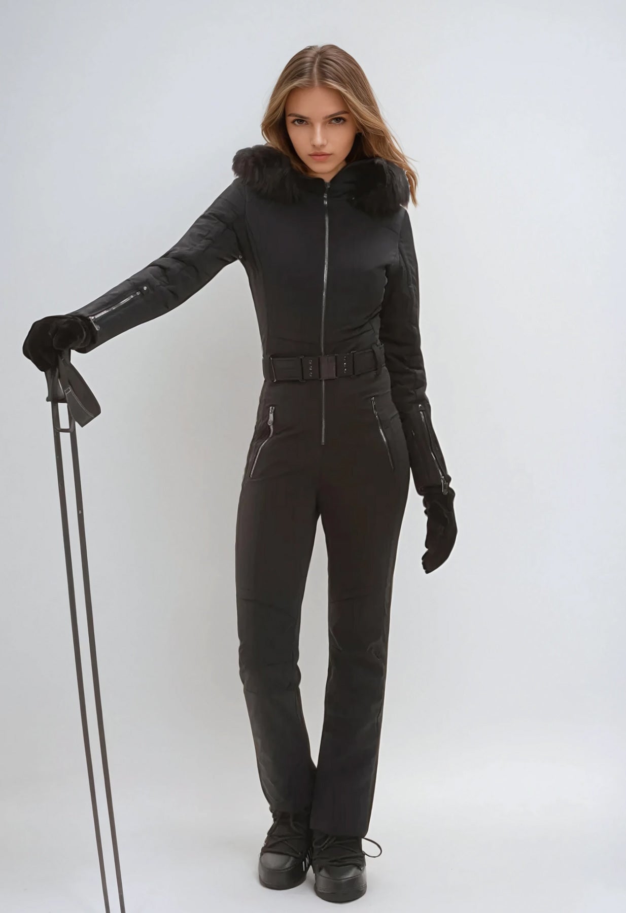 Poivre Blanc Ski Suit in Black with Faux Fur 0831