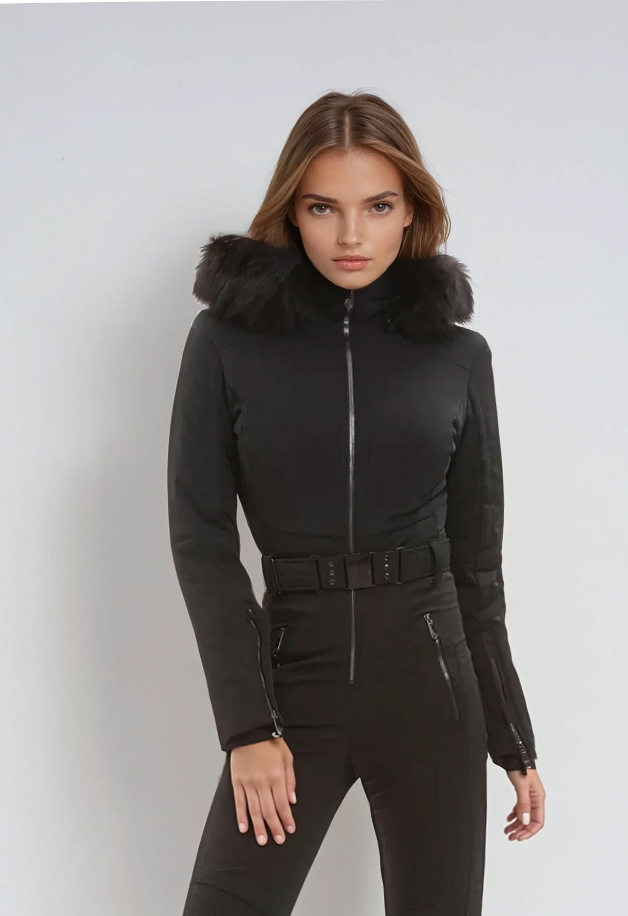 Poivre Blanc Ski Suit in Black with Faux Fur 0831