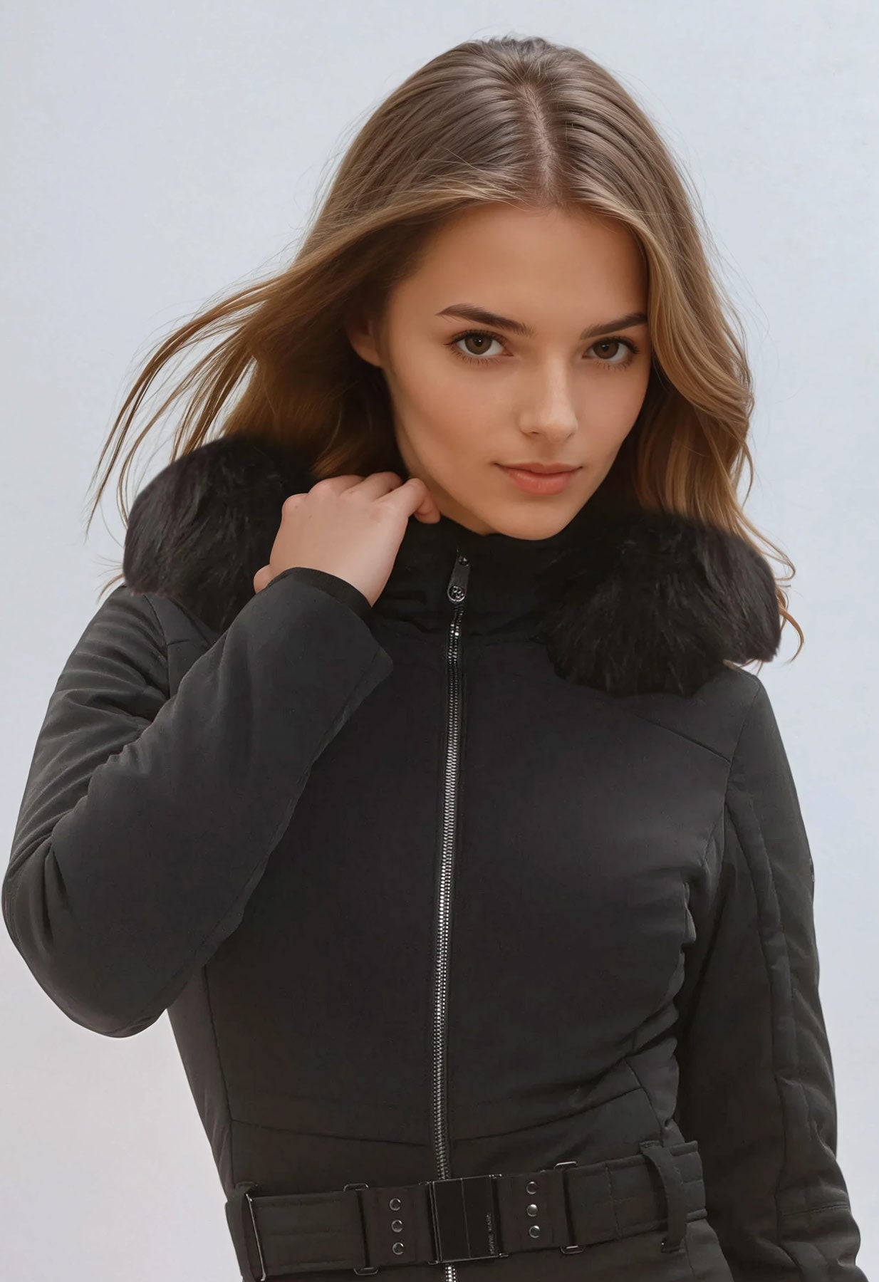 Poivre Blanc Ski Suit in Black with Faux Fur 0831