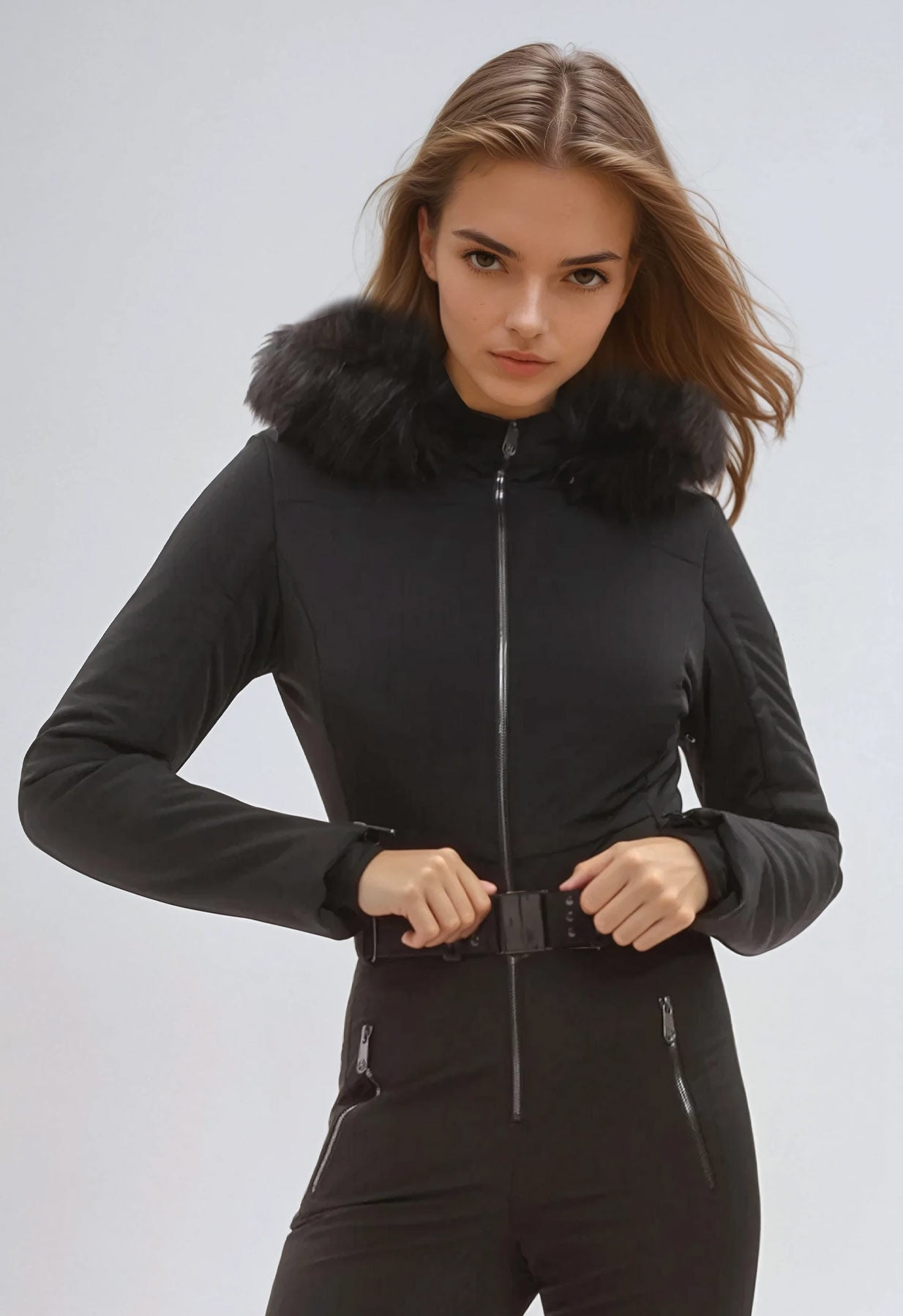 Poivre Blanc Ski Suit in Black with Faux Fur 0831