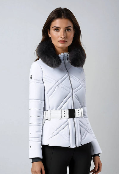 Poivre Blanc 1003 Ski Jacket in White with Belt and Faux Fur Trim