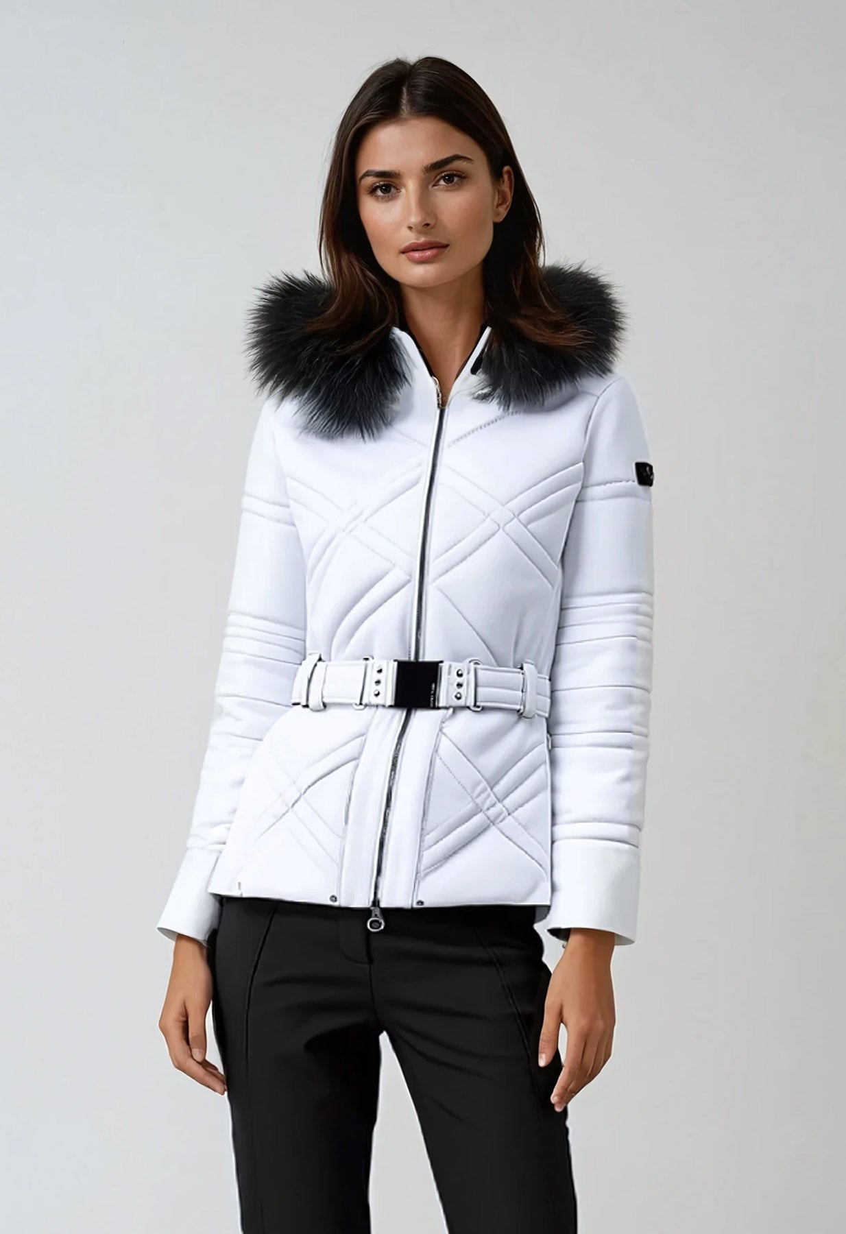 Poivre Blanc 1003 Ski Jacket in White with Belt and Faux Fur Trim