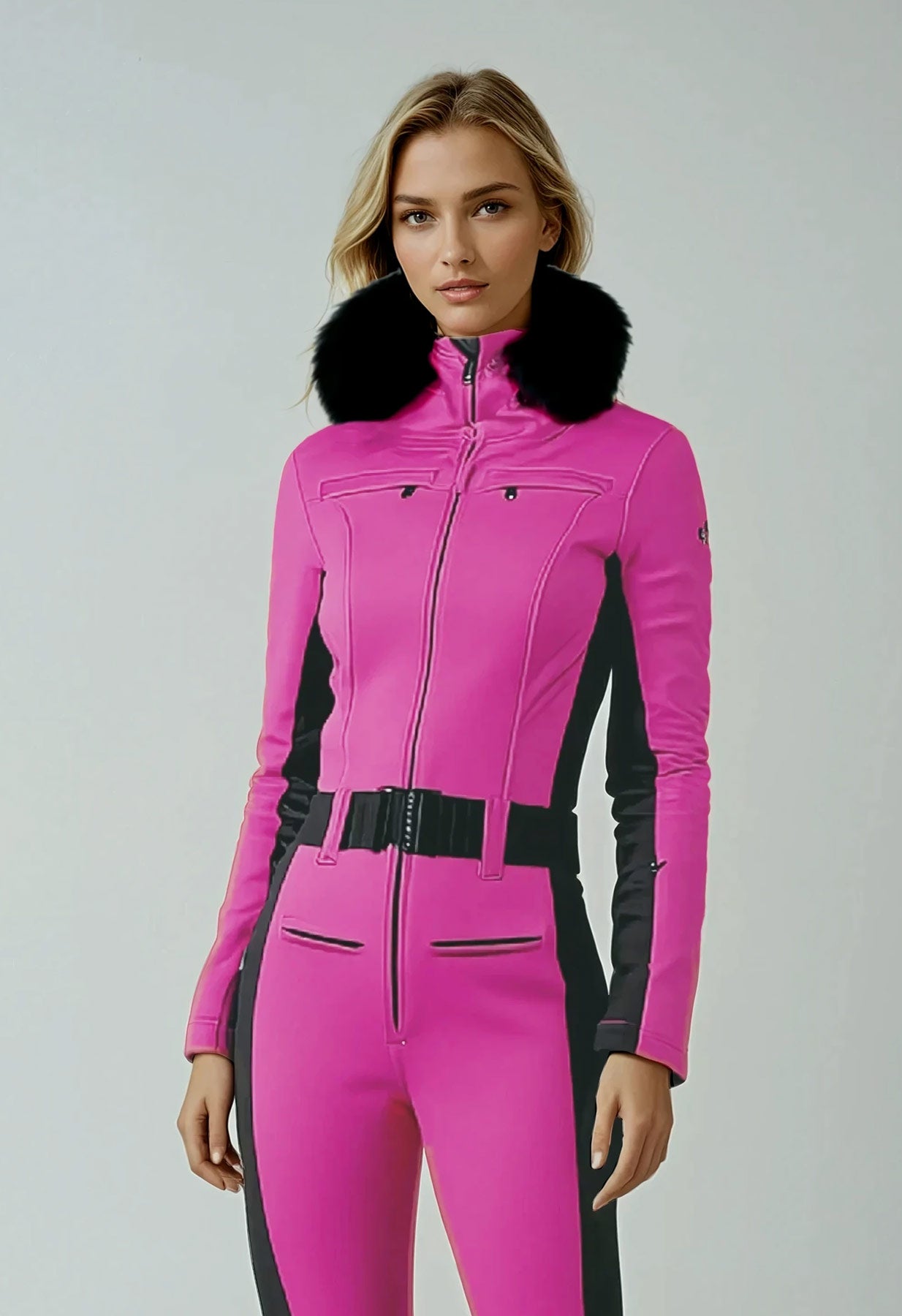 Goldbergh Parry One Piece Longer Length Ski Suit in Pony Pink with Fur Hood