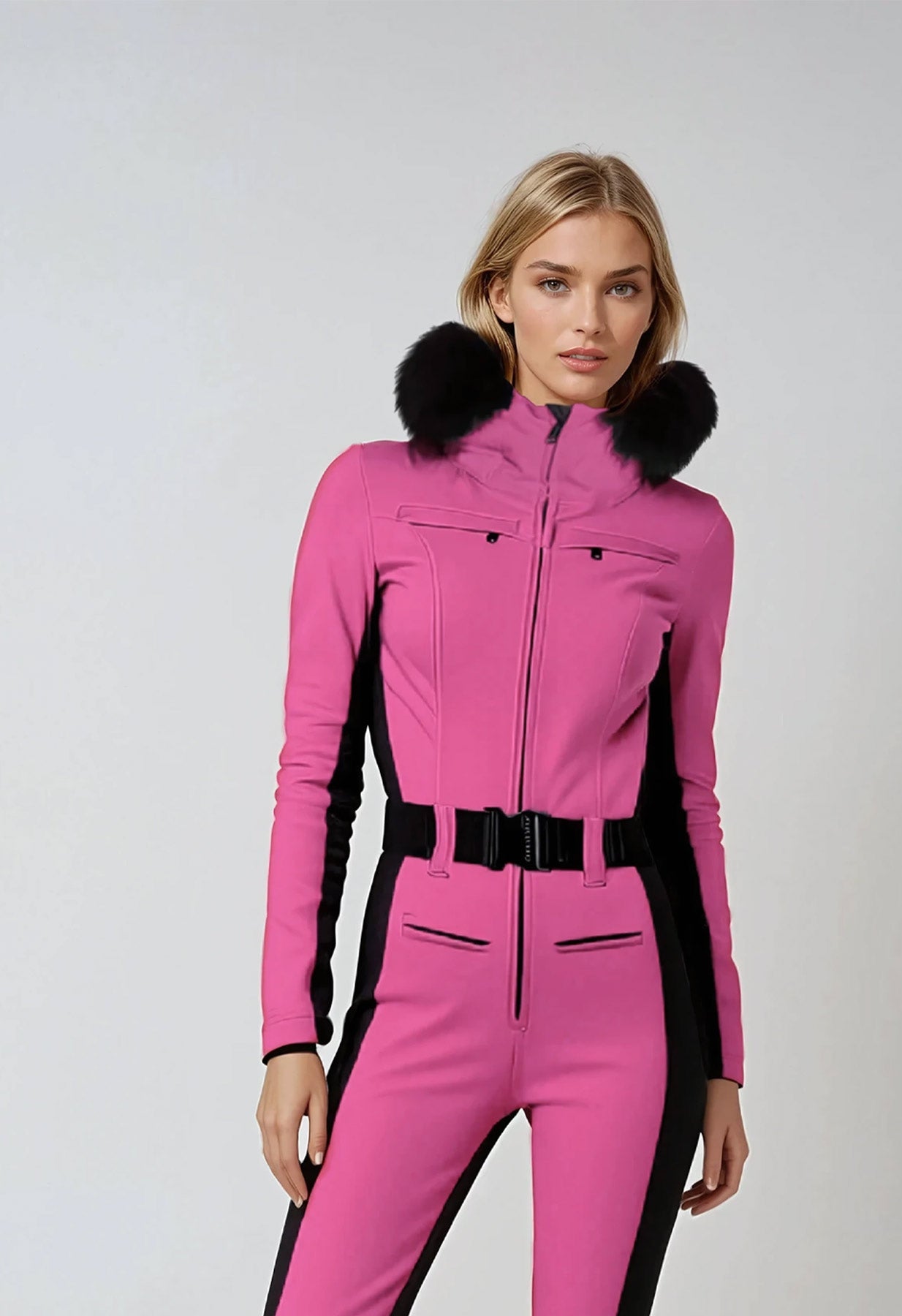 Goldbergh Parry One Piece Longer Length Ski Suit in Pony Pink with Fur Hood