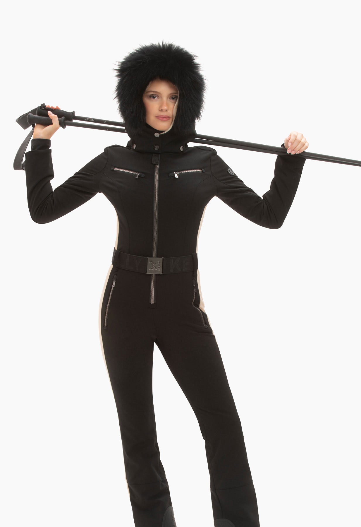 Kelly by Sissy Snowbell Softshell One Piece Ski Suit in Black with Fur