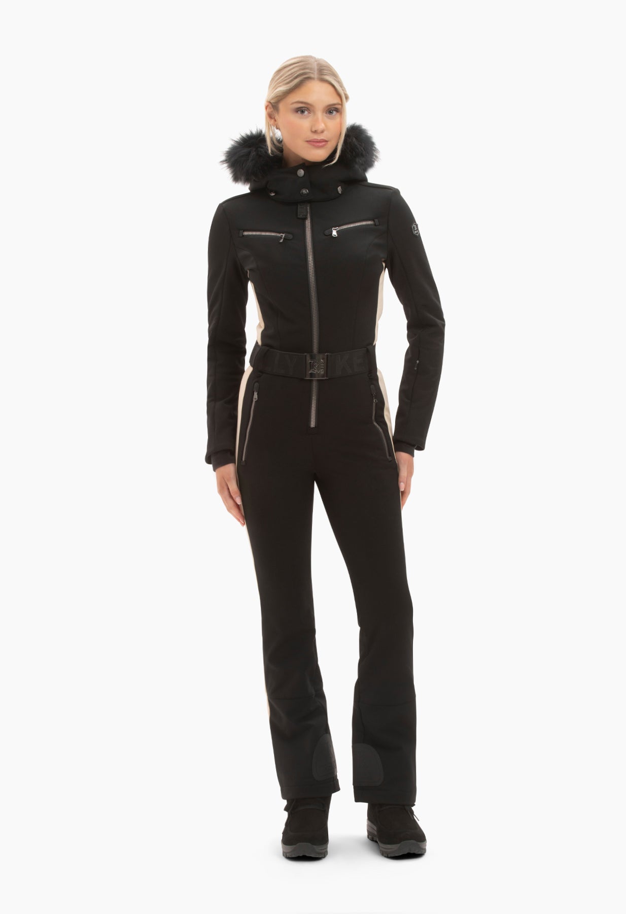 Kelly by Sissy Snowbell Softshell One Piece Ski Suit in Black with Fur