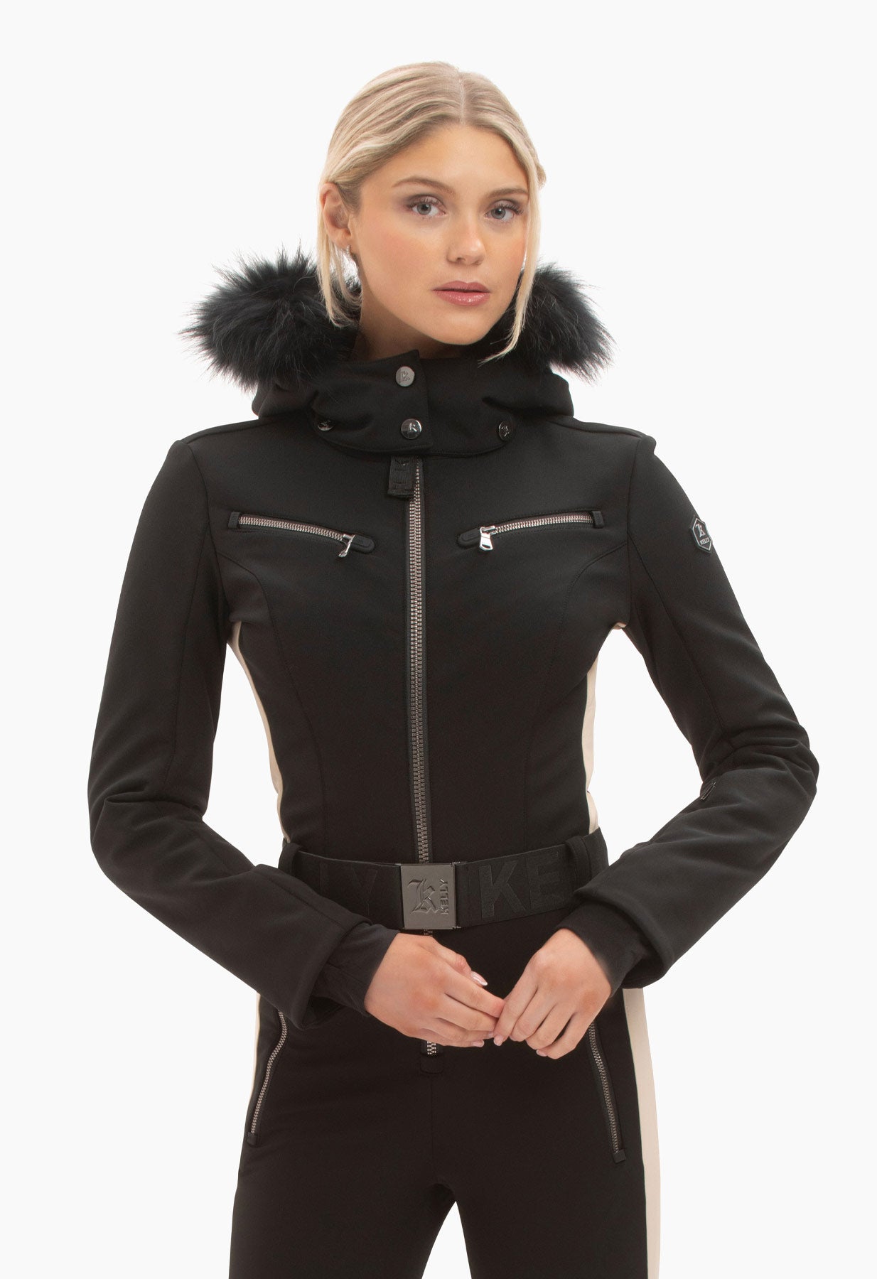 Kelly by Sissy Snowbell Softshell One Piece Ski Suit in Black with Fur