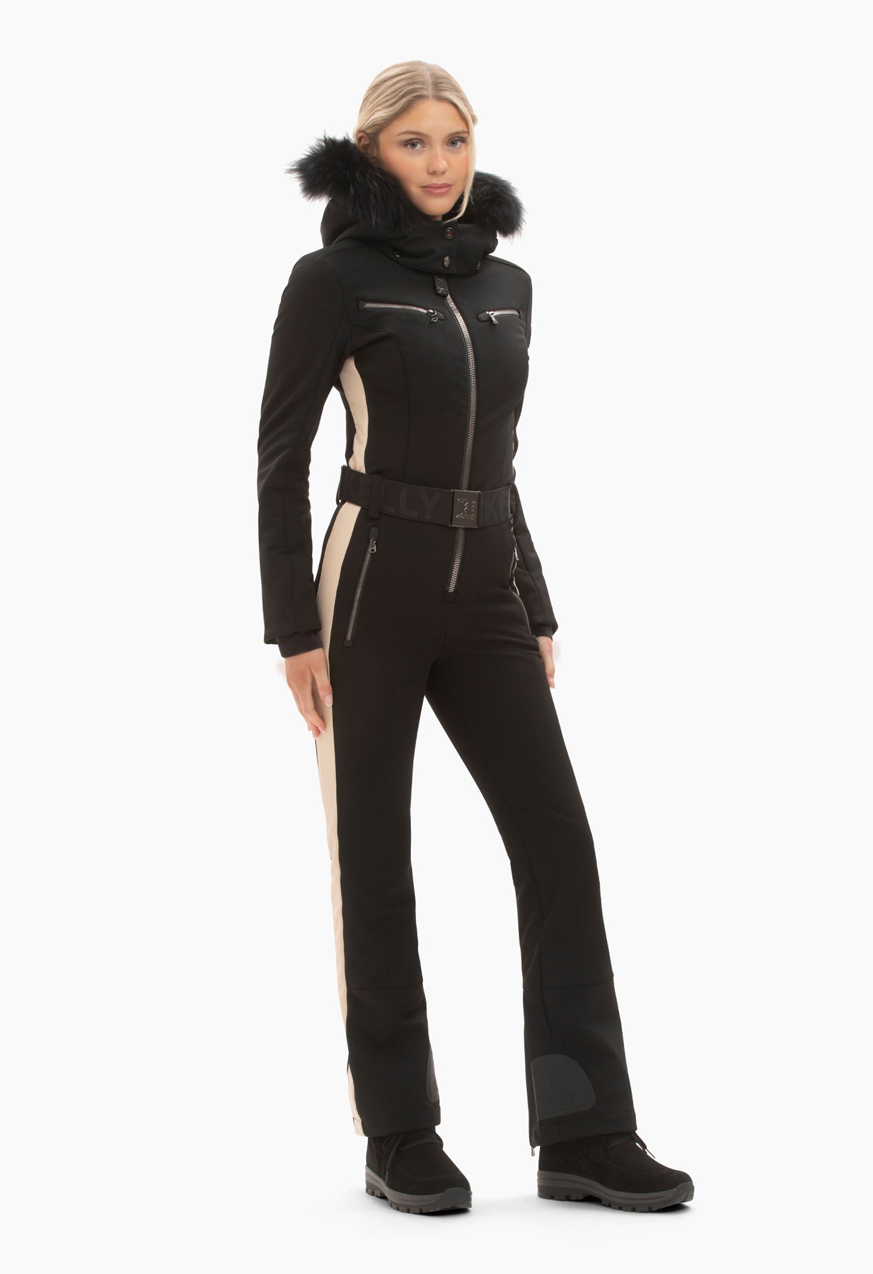 Kelly by Sissy Snowbell Softshell One Piece Ski Suit in Black with Fur