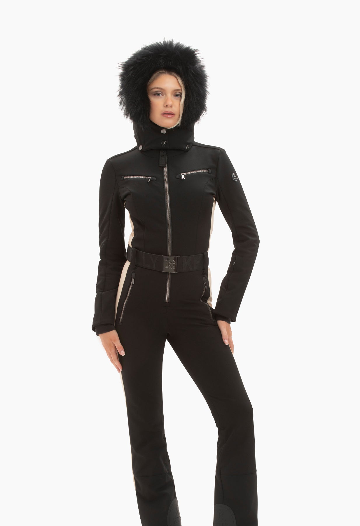 Kelly by Sissy Snowbell Softshell One Piece Ski Suit in Black with Fur