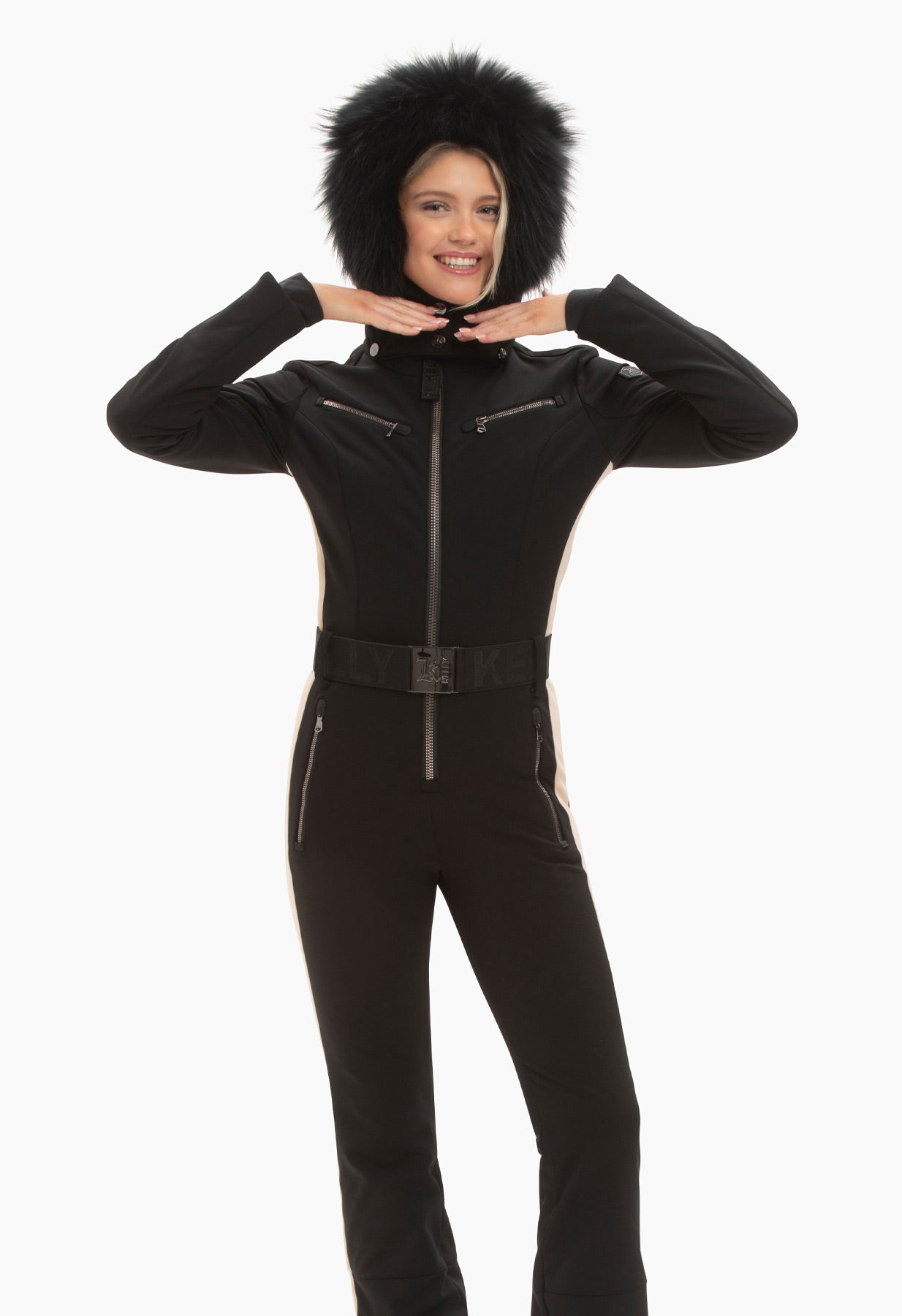 Kelly by Sissy Snowbell Softshell One Piece Ski Suit in Black with Fur