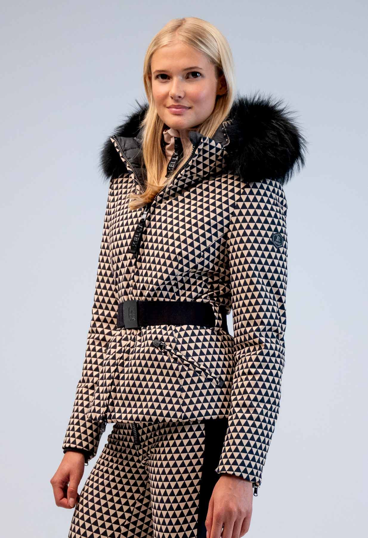 Kelly by Sissy Tiffany Black and Beige Ski Jacket with Fur Trimmed Hood