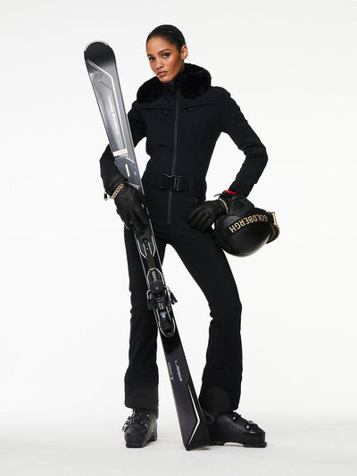 Goldbergh Parry One Piece Ski Suit in Black with Fur Hood